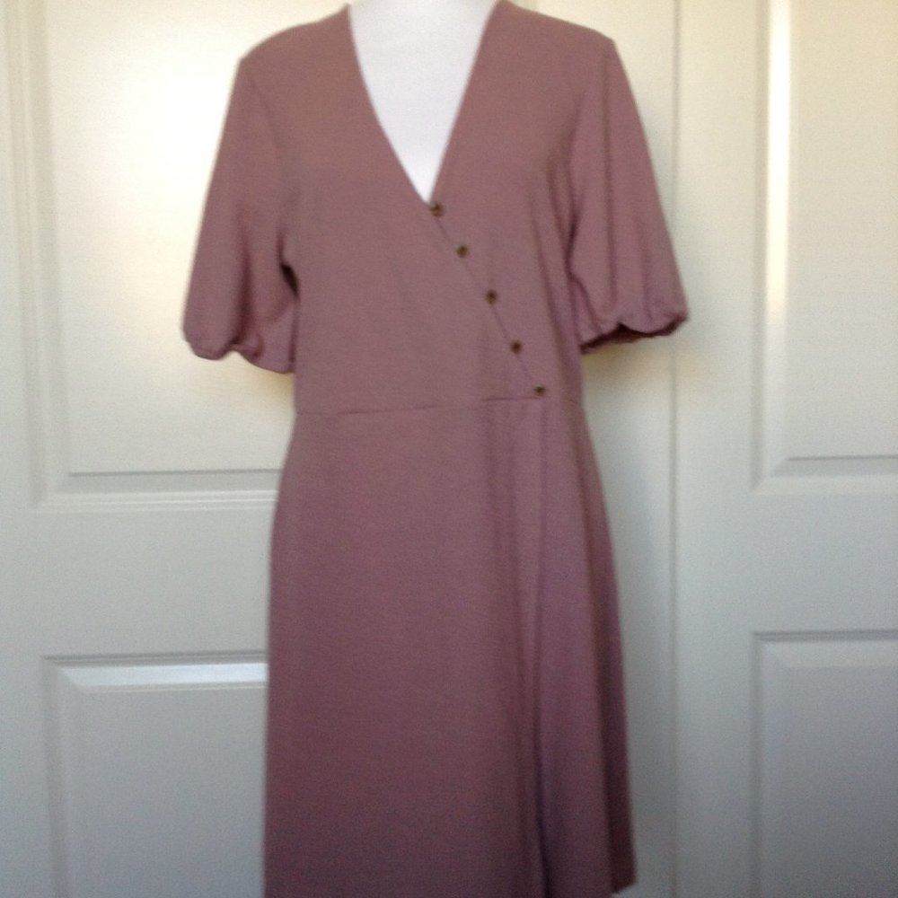 NEW Madewell Puff Sleeve Faux Button Wrap Knee Length Dress Size Large NWT